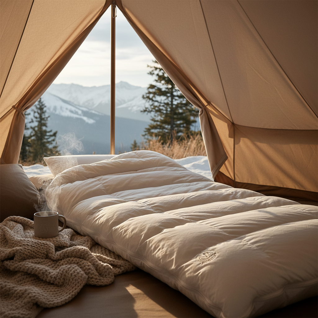 아늑한 텐트 내부에서 부드러운 아침 햇살을 받아 포근한 질감이 돋보이는 고품질 거위털 침낭의 상세한 클로즈업 사진