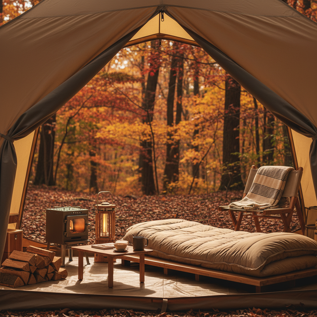 가을 단풍이 짙게 물든 숲속에 설치된 텐트 안으로 보이는 세련된 디자인의 베이지색 감성 캠핑 침낭과 우드 소품들