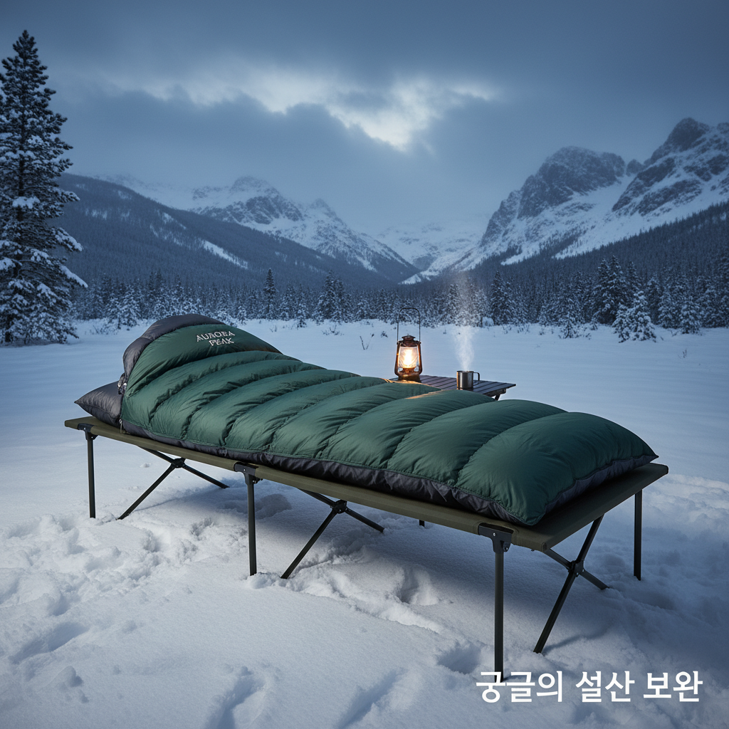 눈 내리는 한겨울 설산 캠핑장에서 강력한 보온성을 자랑하는 두툼한 머미형 다운 침낭이 야전침대 위에 놓여 있는 모습