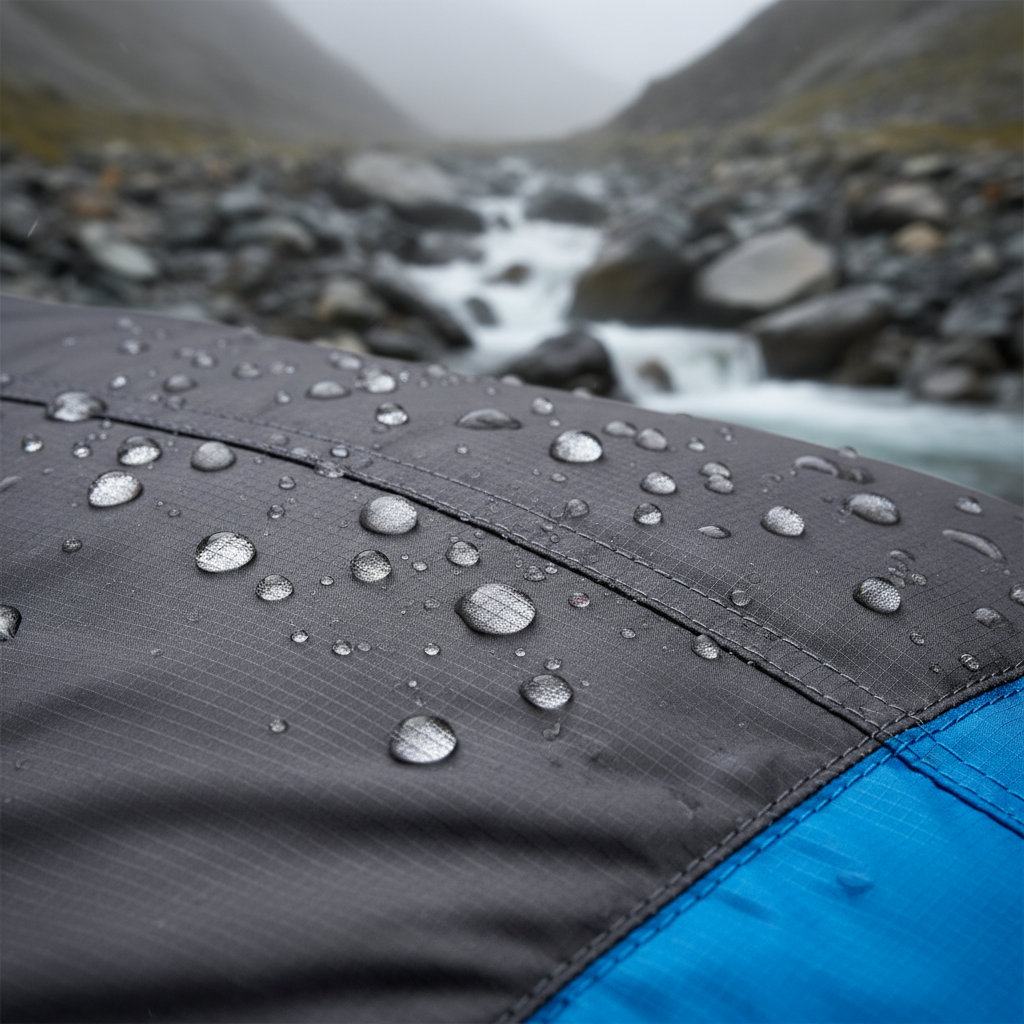 침낭의 내구성과 방수 성능을 강조하기 위해 원단 표면에 맺힌 영롱한 물방울과 촘촘한 봉제선을 포착한 고해상도 이미지