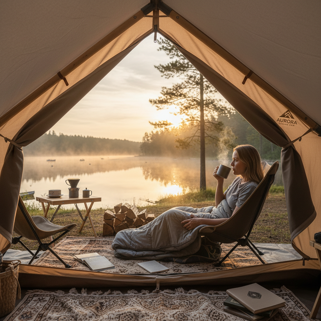 호숫가 캠핑장에서 이른 아침 텐트 문을 열고 침낭 속에 앉아 김이 모락모락 나는 커피를 마시며 여유를 즐기는 인물 사진